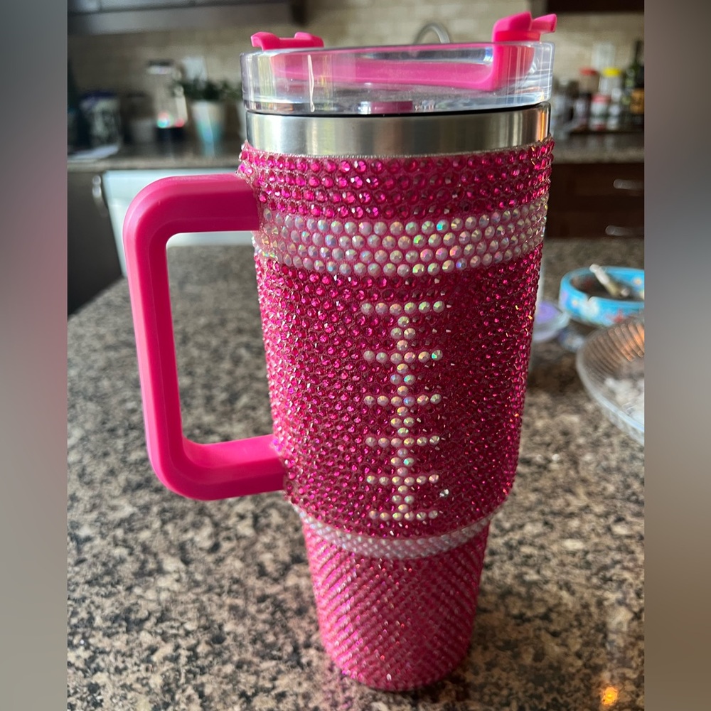 Pink Rhinestone Football Tumbler with Handle 🏈